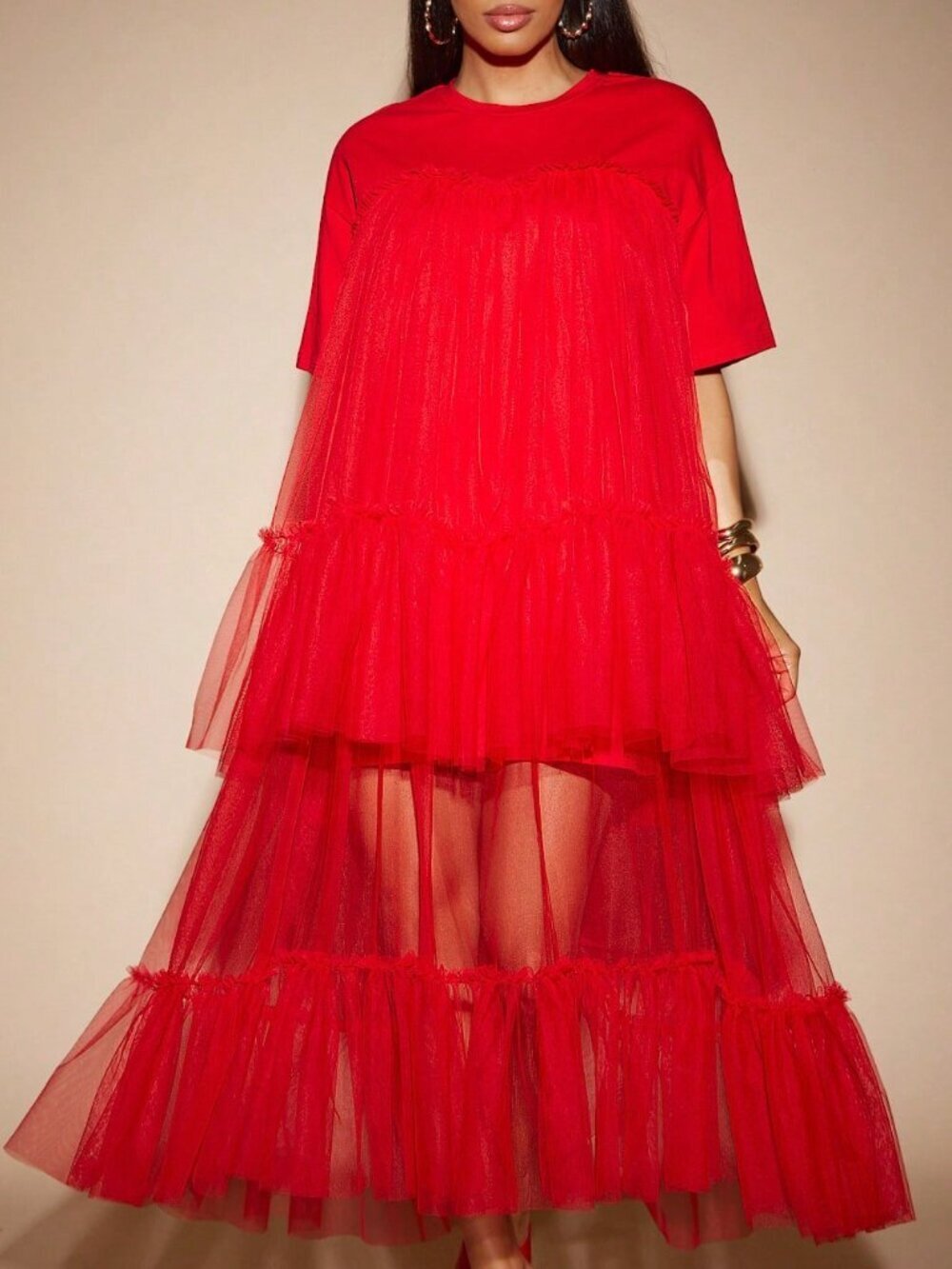 Red Tulle Tiered Festival Boho Women's Party Maxi Dress